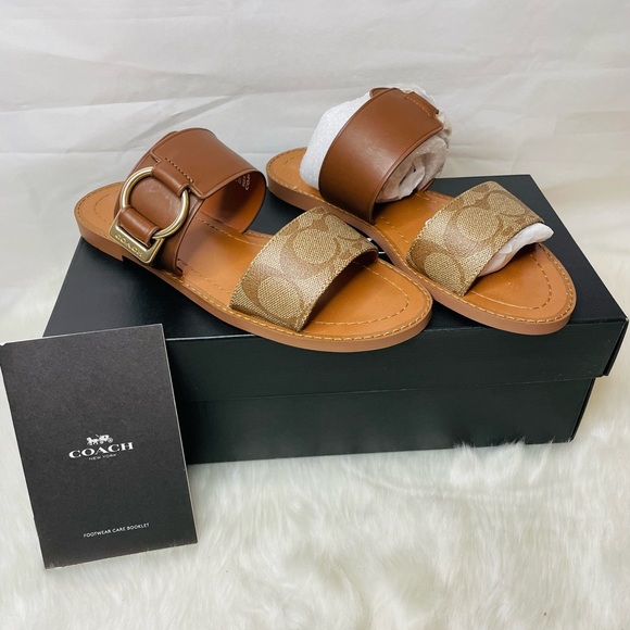 New women Coach Hallie Signature Sandals Khaki leather size 5.5 - Picture 4 of 10